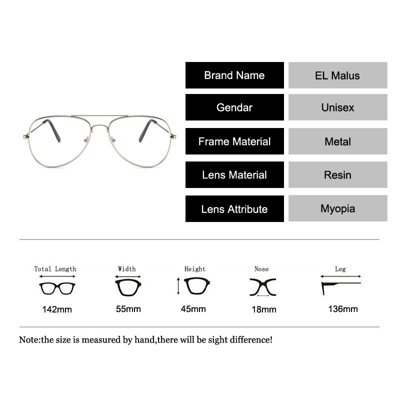 [EL Malus] 근시 안경 여성 남성 메탈 파일럿 프레임 학생 쇼트 사이트 로즈 골드 블랙 실버-1 -1.5 -2 -2.5 -3 -3.5 -4
