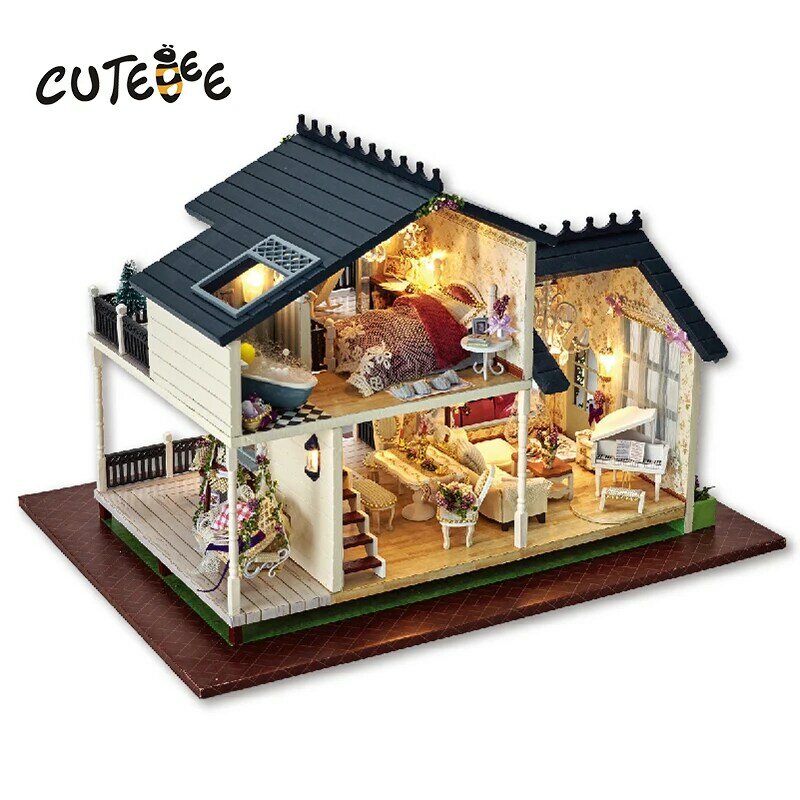 CUTEBEE Doll House miniaturowy domek dla lalek DIY z meblami drewniany domek do zabawy na prezent urodzinowy dla dzieci PROVENCE A032