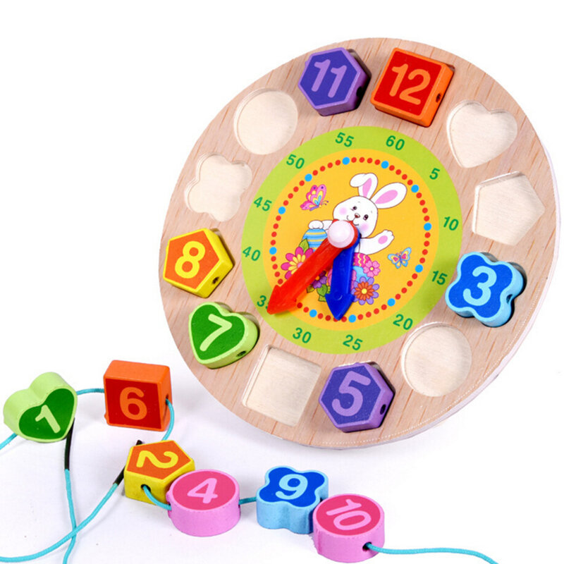 Vitoki Children Wooden Clock Development Toy Animal Rabbit Wood Educational Clock Toys Beads Lacing Montessori Jigsaw Toy