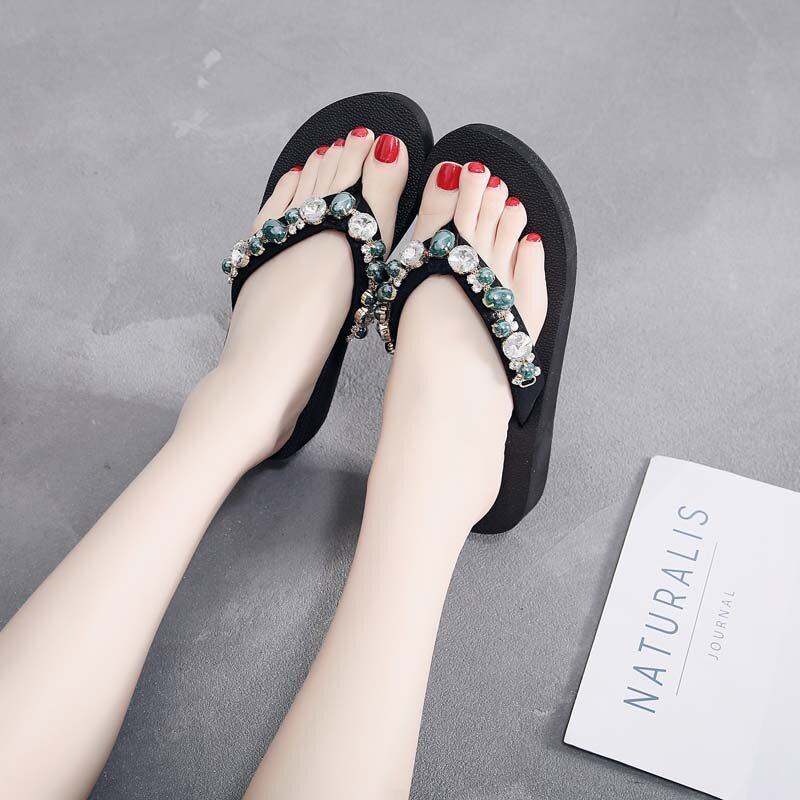 2020 moda feminina sapatos de diamante flip flops sandálias chinelos s feriados sapatos praia cunha plataforma sandália mulher zapatos