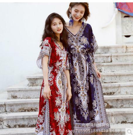 جديد وصول المرأة موضة قفطان العرقية رايون فستان ماكسي خمر تونك بوهو عادية مطبوعة فستان طويل الخامس الرقبة Vestidos K925