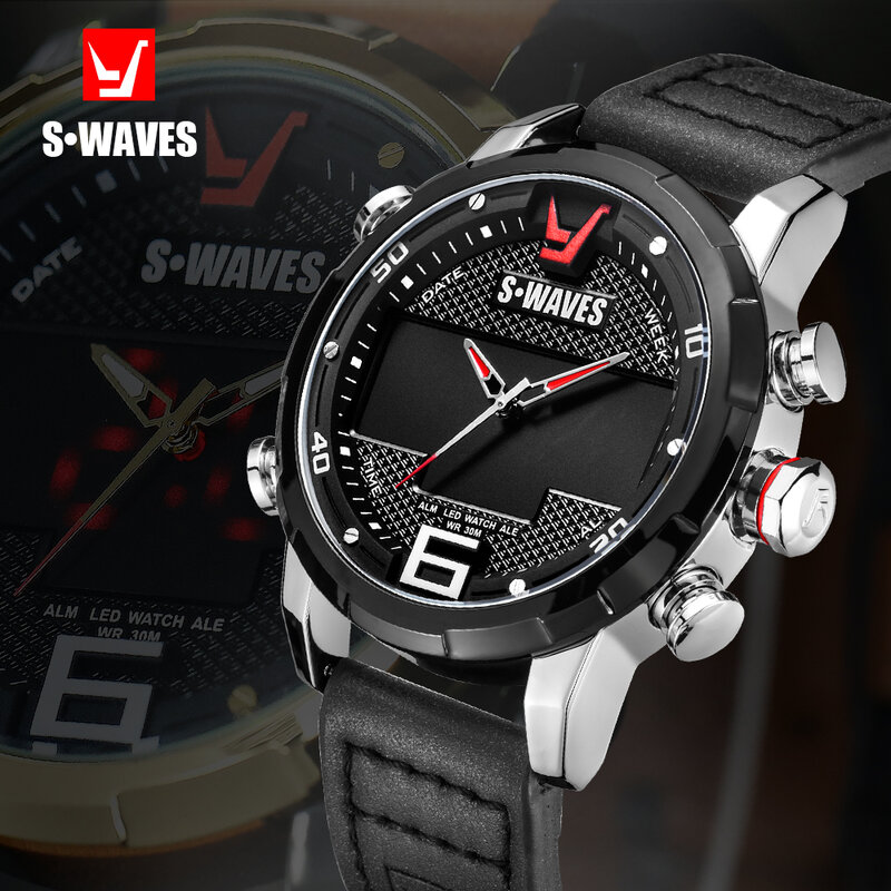 Swaves Besar Merek Jam Tangan Kulit Pria Sport Watch Kuarsa Jam Digital LED Tahan Air Militer Arloji SW2056P