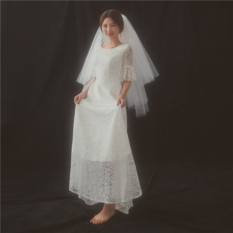 Tule reunir véus curtos para noiva branco marfim curto véus de casamento das mulheres comprimento ponta dos dedos duas camadas accesorios para boda jva016