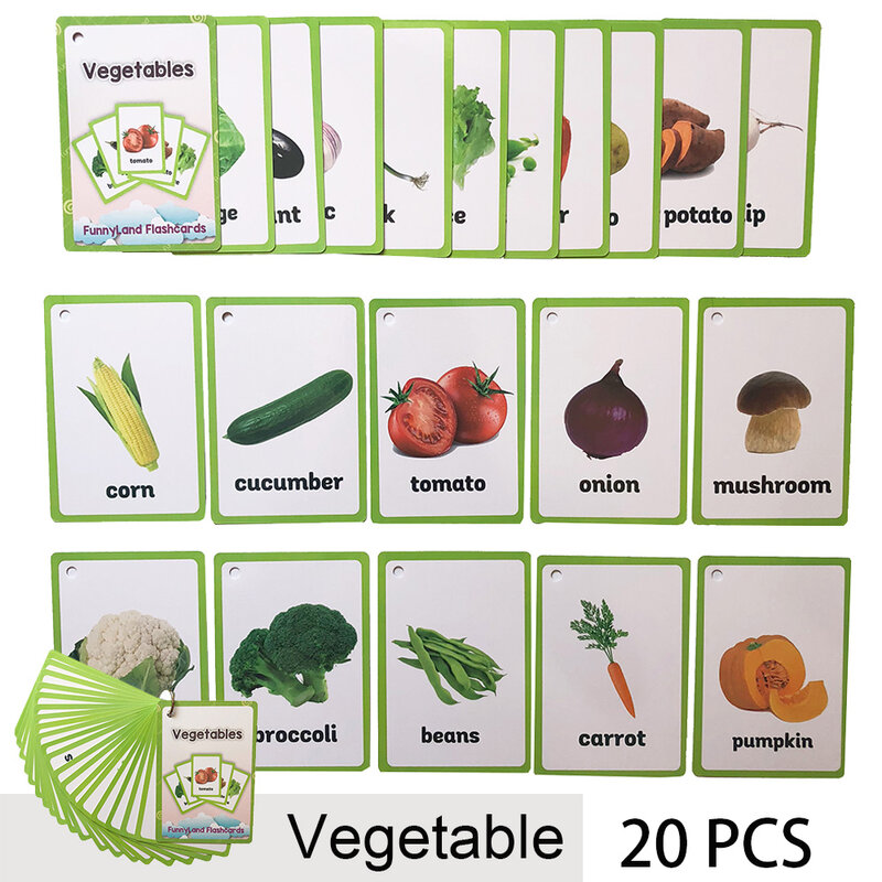 Tarjeta Flash de bolsillo con palabras en inglés para niños, Juego de 20 unids/set de tarjetas de aprendizaje de frutas y verduras, juguetes educativos para edades tempranas