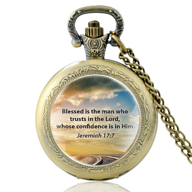 Reloj de bolsillo Vintage para hombres, pulsera con colgante de fe cristiano, en los versos bíblicos del señor Quart
