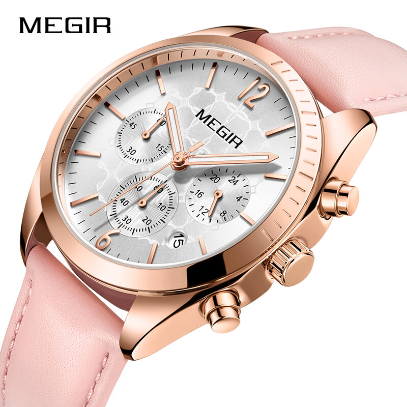 MEGIR-reloj analógico de cuarzo para mujer, accesorio de pulsera de cuero genuino, informal, resistente al agua, de marca superior de lujo