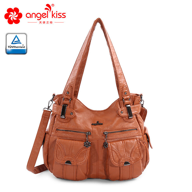 Fashion Skin-friendly 2 Top Zippers Multi Pockets Purses Washed PU Leather Tote Bags Shoulder Women Handbags