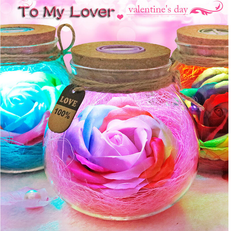 Led romântico rosa flor luz da noite garrafa de sorte rgb dimmer lâmpada com 16 cores remoto presente do feriado para o amante da menina quarto decoração