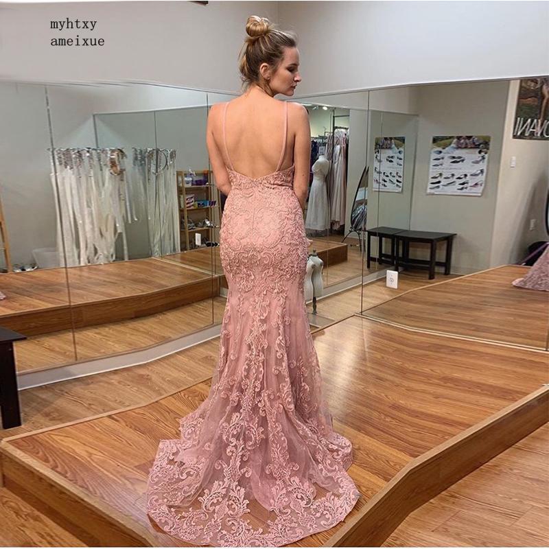 V-neck Long Mermaid Evening Dresses Spaghetti Straps Sweep Train Lace Appliques Formal Party Dresses Backless Robe De Soiree New