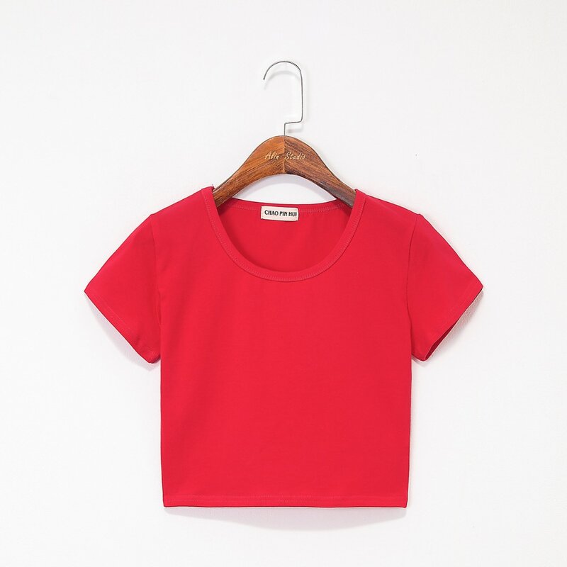 Camiseta de manga curta feminina com gola redonda, camiseta de algodão feminina, cintura alta, slim fit, monocromática, casual, verão