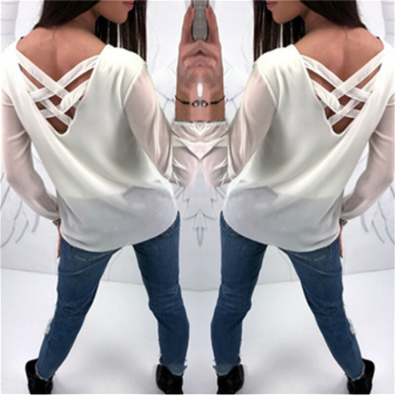 Модная женская блузка с вырезами на спине и длинным рукавом 2018, повседневные свободные однотонные шифоновые блузки на молнии с глубоким V-об...