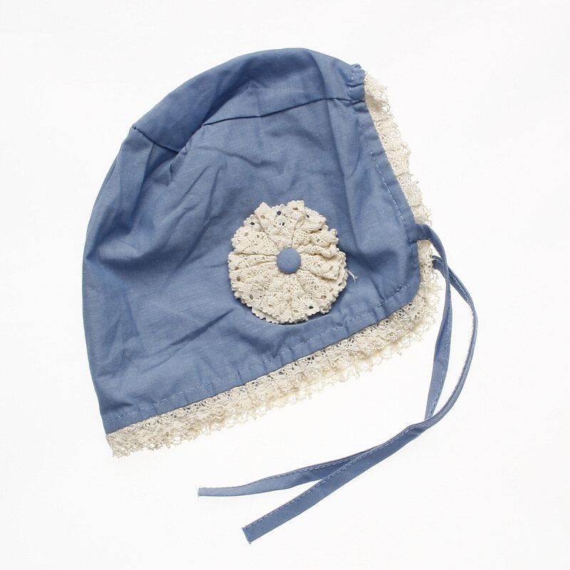 Bonnet bleu pour petites filles, chapeau de soleil fait à la main avec fleur, pour le baptême du printemps