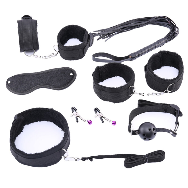 10 pz/set prodotti del sesso giocattoli erotici per adulti BDSM sesso Bondage Set manette morsetti per capezzoli bavaglio frusta corda giocattoli del sesso per le coppie