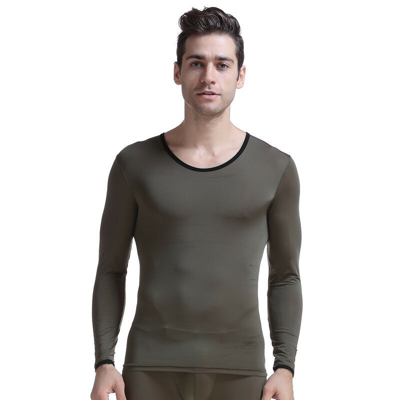 Novo underwear masculino elástico fino translúcido sedoso viscose o-pescoço longo-luva de slim Só top básico