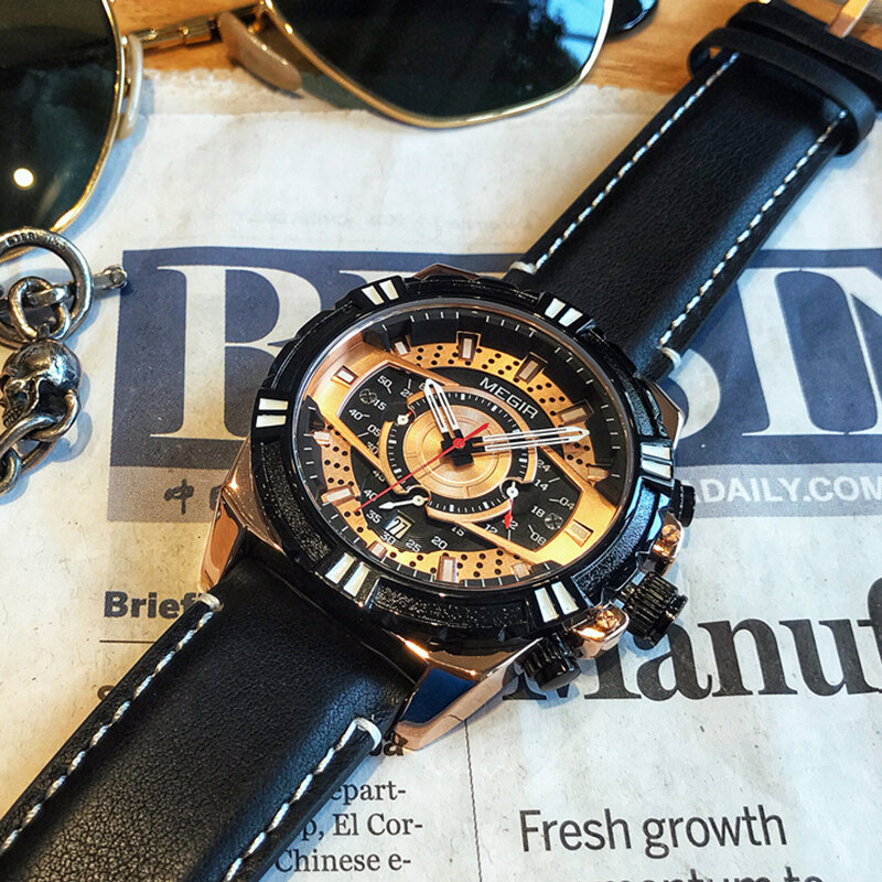 MEGIR Men's Watch Leather Strap Army Sports Casual Watches Waterproof Luminous Quartz Wristwatches Men Relogios Masculino Clock