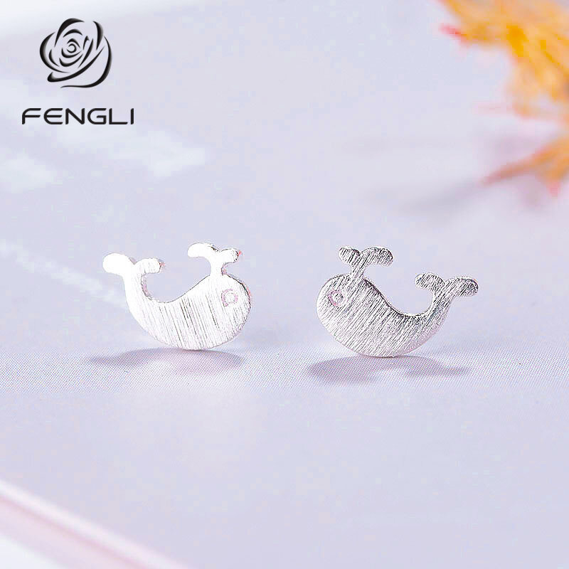 Fengli na moda prata cor pequena baleia brincos para mulheres boho escovado clássico animal brinco jóias presente de festa