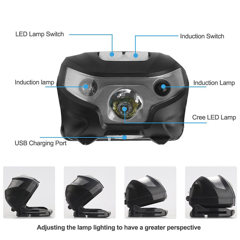 Lanterna de cabeça com sensor de movimento, recarregável, usb, xml t6, led, bateria embutida, 3 modos de lanterna, lâmpada, luz