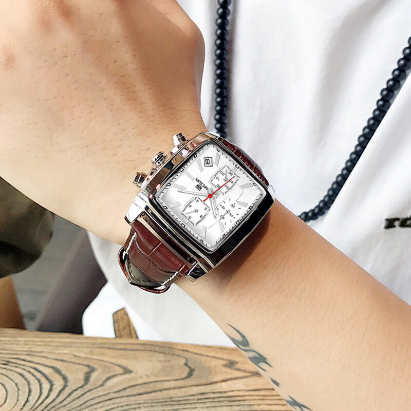 Megirl-패션 캐주얼 남성 시계, 럭셔리 밀리터리 스포츠 시계, 가죽 밴드, 방수 쿼츠 손목 시계, 남성 시계
