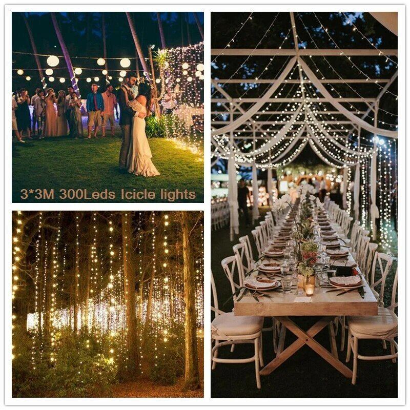 Guirnalda de luces de carámbanos, cortina de hadas, 216 LED, 5M x 0,8 m, cuentas estrelladas, decoración de Año Nuevo para jardín, boda, fiesta, navidad