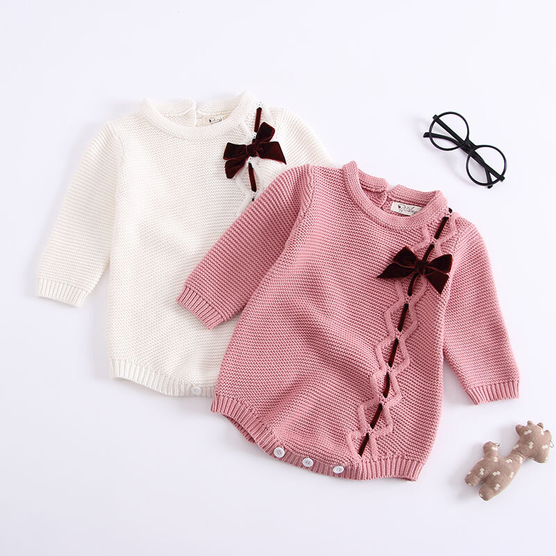 MYUDI PLAIN COLOR Baby Sweater Girl's Bodysuits Pullover Children Cotton Jumper Bow-tie Knitted long-sleeve Toddler kid clothes