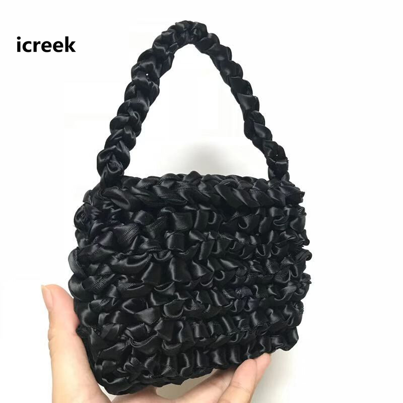 New arrival Fluorescent colot handbag Fashion Satin silk rope knitted bag stylish woven tote bag Holiday beach small retro purse
