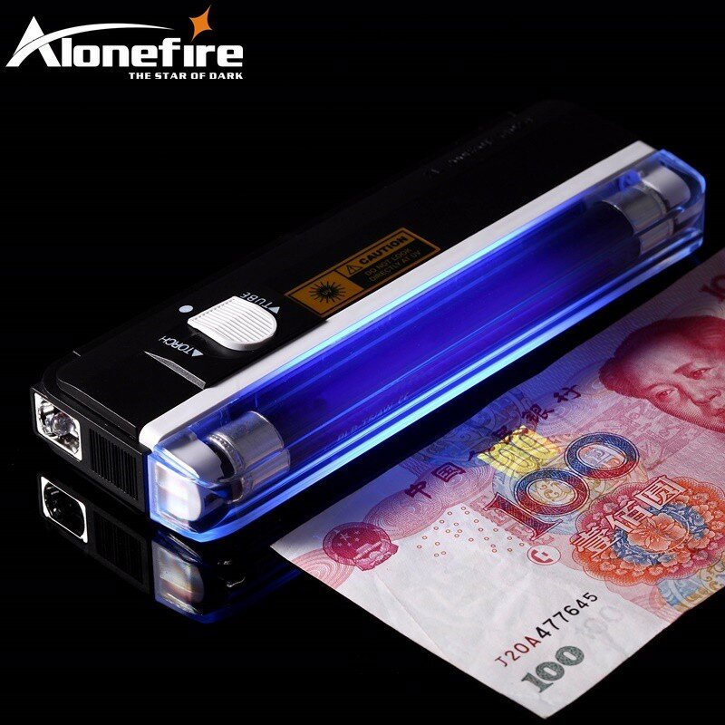 Alonefire merci di qualità palmare rilevatore di perdite UV rilevatore di denaro luce uv banconote test valuta LED bianco torcia torcia batteria AA