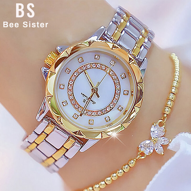BS FashionWomen-Reloj de marca de lujo para mujer, Relojes de vestir con diamantes de oro rosa, reloj de vestir, regalo para niña, Relojes femeninos