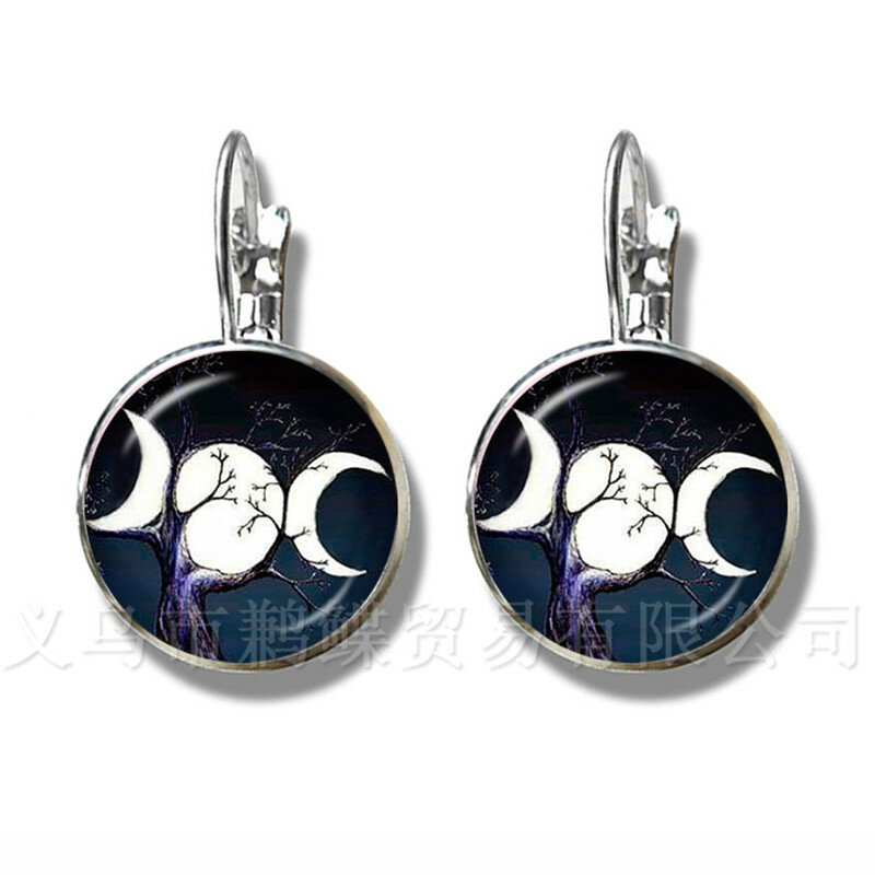 Boucles d'oreilles en forme de Triple lune pour femme, bijou en pentagramme, avec dôme en verre, Wiccan plaqué argent, 16mm