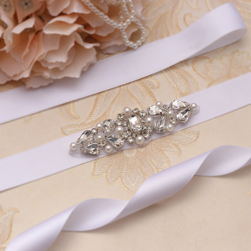 MissRDress Silver Crystal Bridal Belt Pearls Bridal Sash Rhinestone Flower Satin Wedding Belt And Sash For Women Dresses JK904