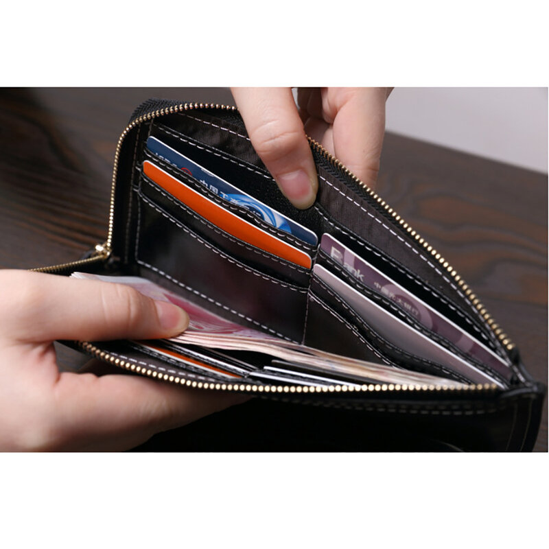 محفظة نسائية طويلة الحجم بسحاب ، جيوب بطاقات متعددة ، جلد طبيعي ، مشابك نقود ، خيط مزدوج