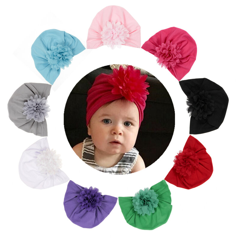 Touca para recém-nascidos feita à mão, chapéu turbante chiffon com flores algodão