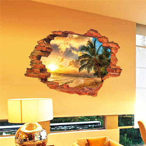 Envío Gratis: pared rota en 3D, paisaje de atardecer, Isla marina, árboles de coco, adorno para el hogar, puede quitar las pegatinas de pared