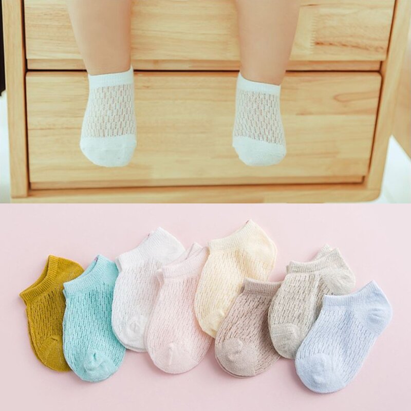 Calcetines tobilleros para bebé, de malla, finos, de algodón, Unisex, Color sólido, calados, para verano