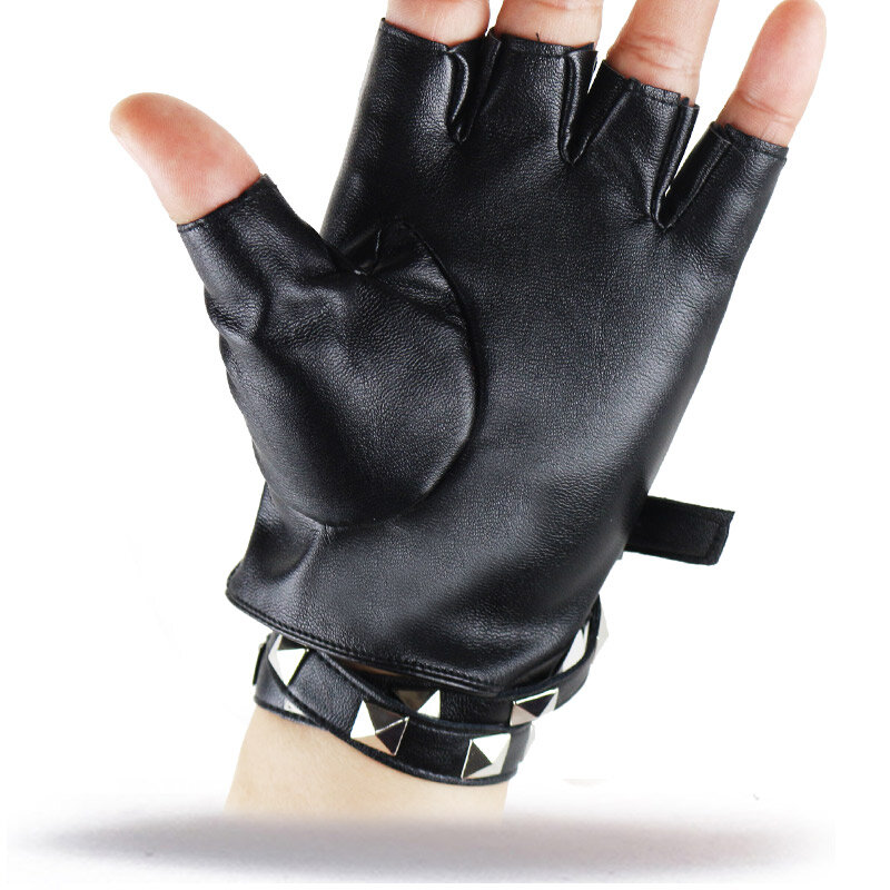Fashion Women PU Leather Half Finger Gloves Sexy Disco Dancing Rock-and-roll Fingerless Gloves Lady Punk Party Show Black Gloves