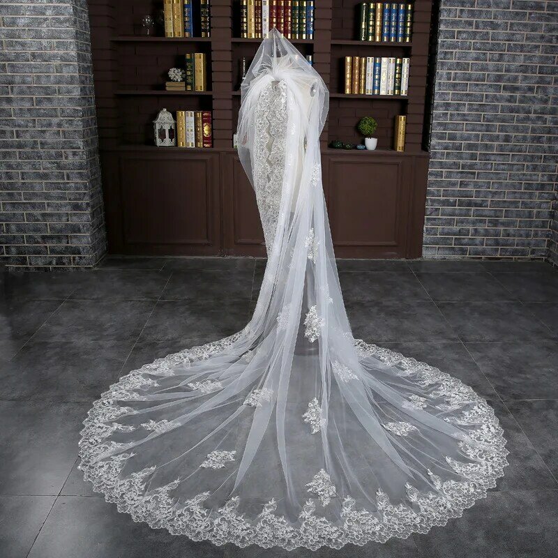 JaneVini Romantic Cathedral Wedding Veils White One Layer Appliques Edge Sequined Tulle Bridal Veils with Comb Complementos Boda