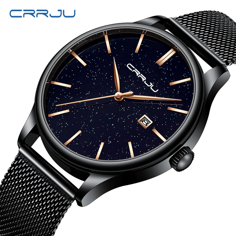 Relógio masculino luxuoso crrju, relógio de pulso casual minimalista com data para homens da moda céu estrelado à prova d'água