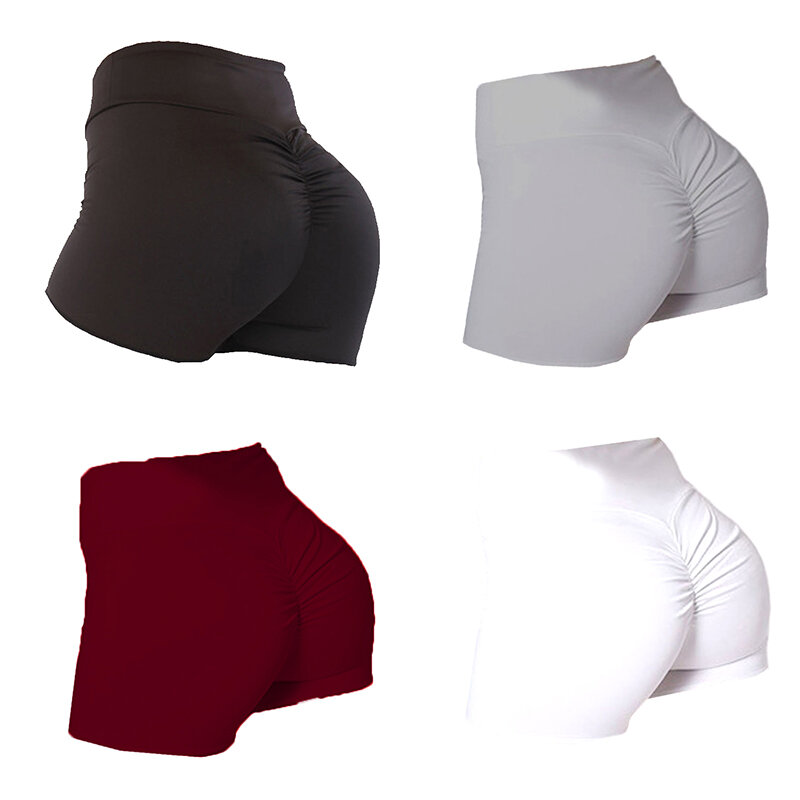 2020 pantalones cortos deportivos de mujer de alta elasticidad de Color sólido pliegues de trasero elástico Casual deportes de alta cintura apretado de tres puntos cortos femenino