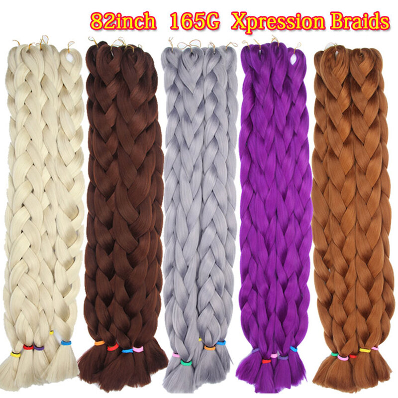 Extensão de cabelo para tranças sintéticas, 82 polegadas, 165, cor pura, grande, tranças de crochê, em massa, roxo, rosa, cinza
