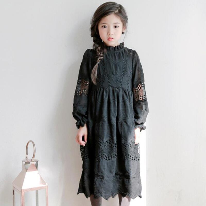 Black lace princess dress baby gril teens long sleeve spring autumn dresses for kids clothing New big baby dress 4-14Y ws368
