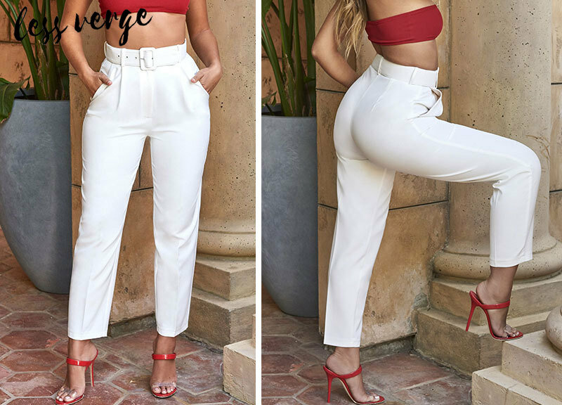 Lessverge-Pantalones con cinturón de Hebilla blanca para mujer, pantalón informal, holgado, para oficina, traje de cintura alta, banda de Color caramelo, ajustados