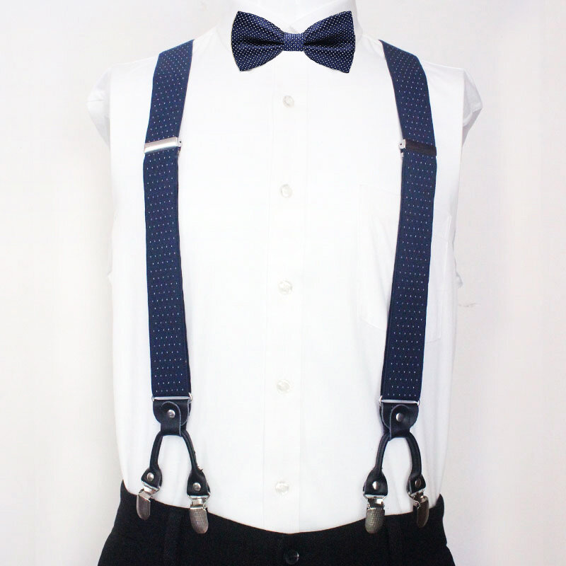 Men's Suspenders 6 Clip Dots Pattern Suspenders Bowtie Sets Personalized Groomsmen Man For Pants Mens Trouser Spot Strap Fashion