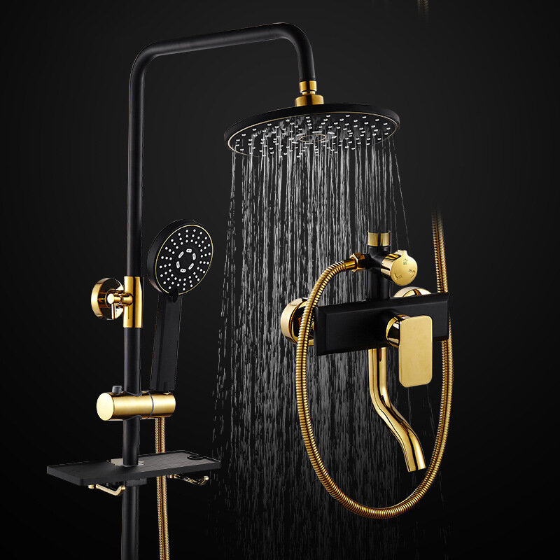 Chuveiro cascata de chuva luxuoso, preto, dourado, conjunto com painel de chuveiro, prateleira, banheiro, torneira, banheira