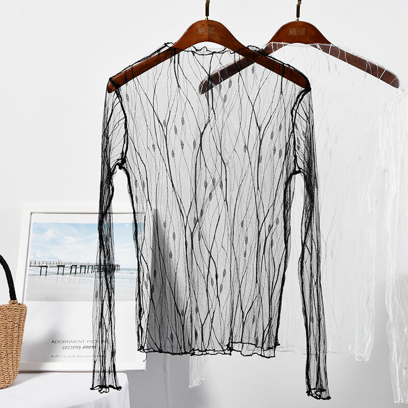Lente Zomer Vrouwen Sexy Club Mesh See Through Blouses Shirt 2019 Fashion Hollow Out Transparant Hemd Blouses Base Top