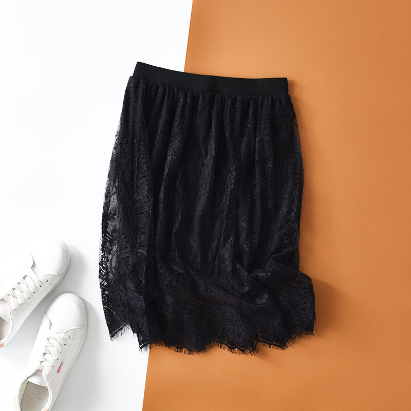 Korean Women Sexy Lace Transparent One Layer Skirts Summer Elegant Solid Casual Mesh Skirt Hollow Out Short  Black White Skirt