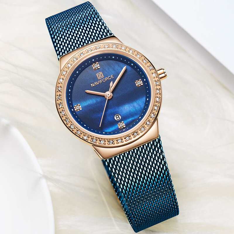 Naviforce-レディースクォーツ時計,シンプルなステンレススチールメッシュ腕時計,ピンクゴールドとブルー