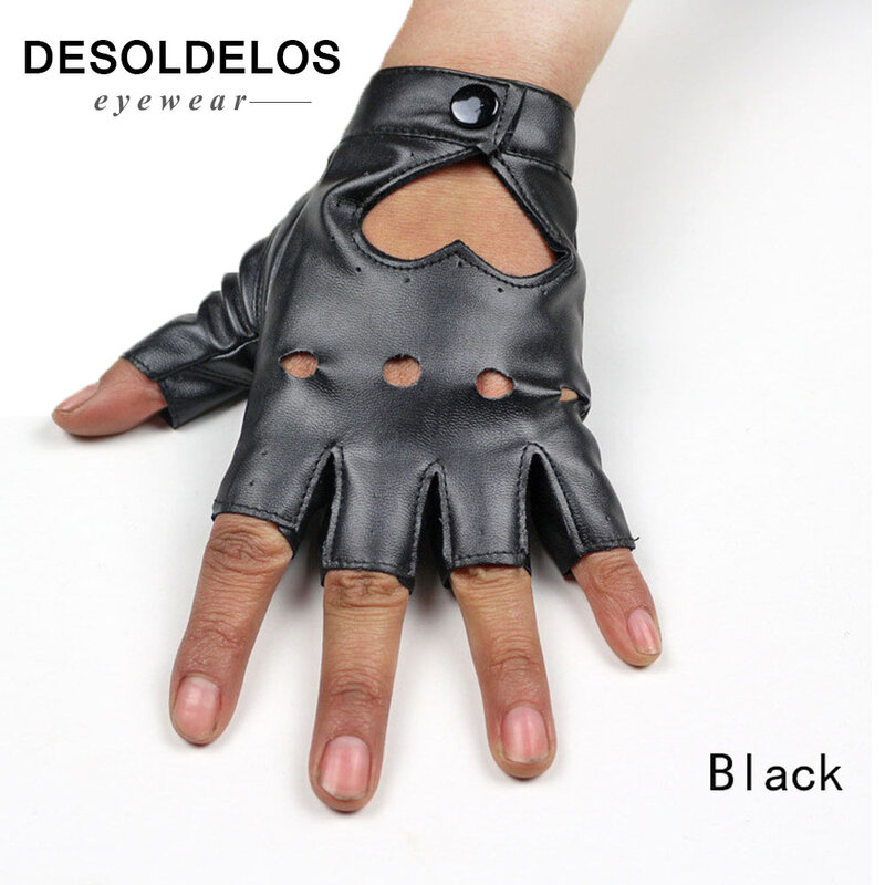 DesolDelos Women's Semi Finger Hip Hop Gloves Lady's Leather Heart Cutout Sexy Fingerless Gloves Girls Performance Dancing Glove