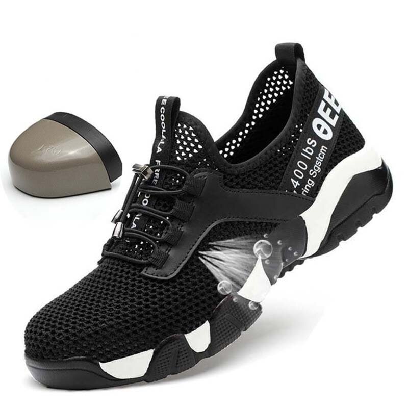 Junsrm Pria Baja Hidung Keselamatan Kerja Sepatu Grid Ringan Bernapas Reflektif Kasual Sneaker Mencegah Tindik Pelindung Sepatu