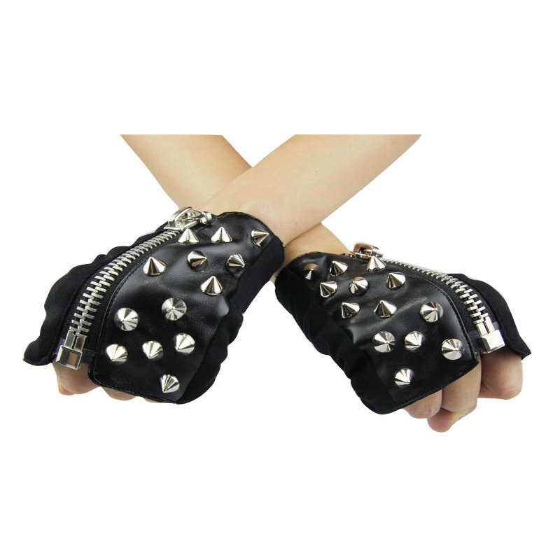 Diabeł mody Punk akcesoria kobiety nit rękawiczki bez palców zima i jesień czarne rękawiczki z zamkiem błyskawicznym skórzane krótkie rękawy naramienne