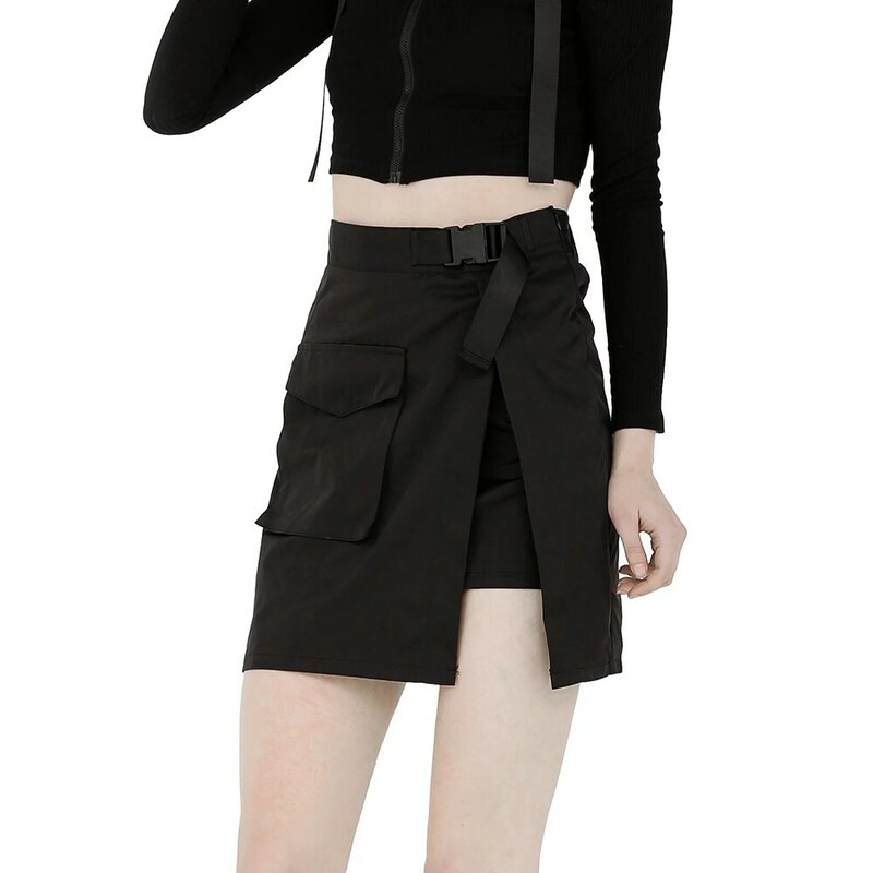 Punk Women Irregular Skirts with Belt Sexy Mini Skirts with Pocket Black Splice Short Skirt