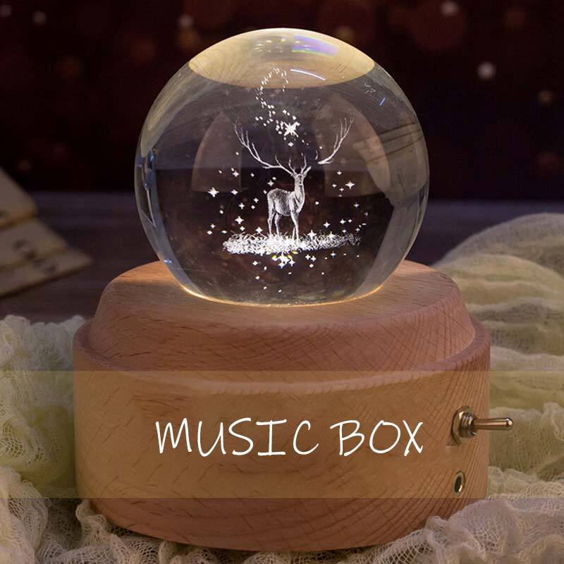 Creative Moon Crystal Ball Music Box Wooden Luminous Music Box Rotary Innovative Festive Home Decor For Birthday Christmas Gifts